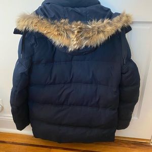 Andrew Marc men’s navy down jacket with fur hood